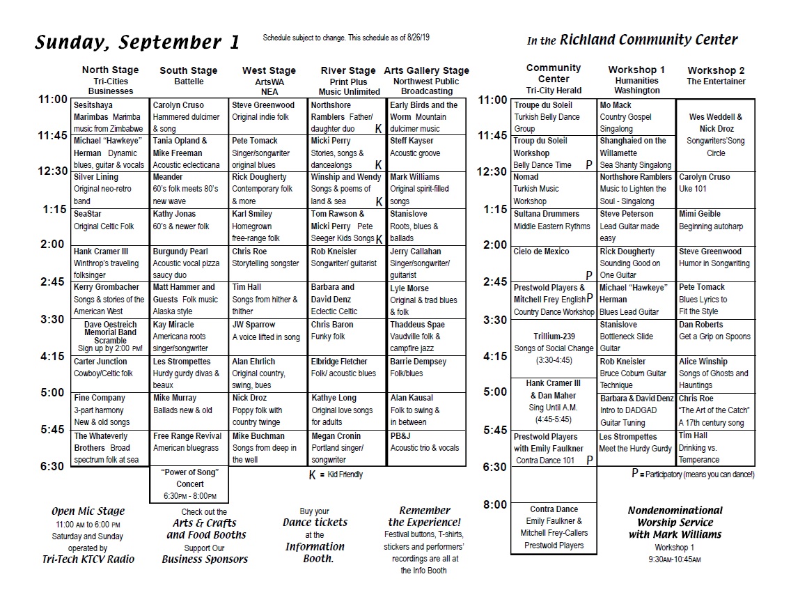 TMF2019 Sunday September 1 Schedule
