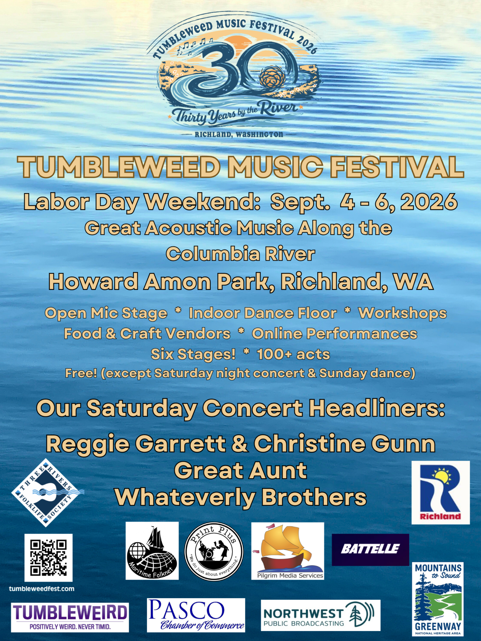 Poster for the 2026 Tumbleweed Music Festival, showing the logo, activities, Headliners, and Major Sponsors
